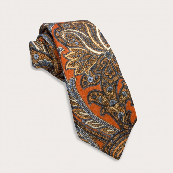 Corbata de lana, estampado paisley naranja y azul