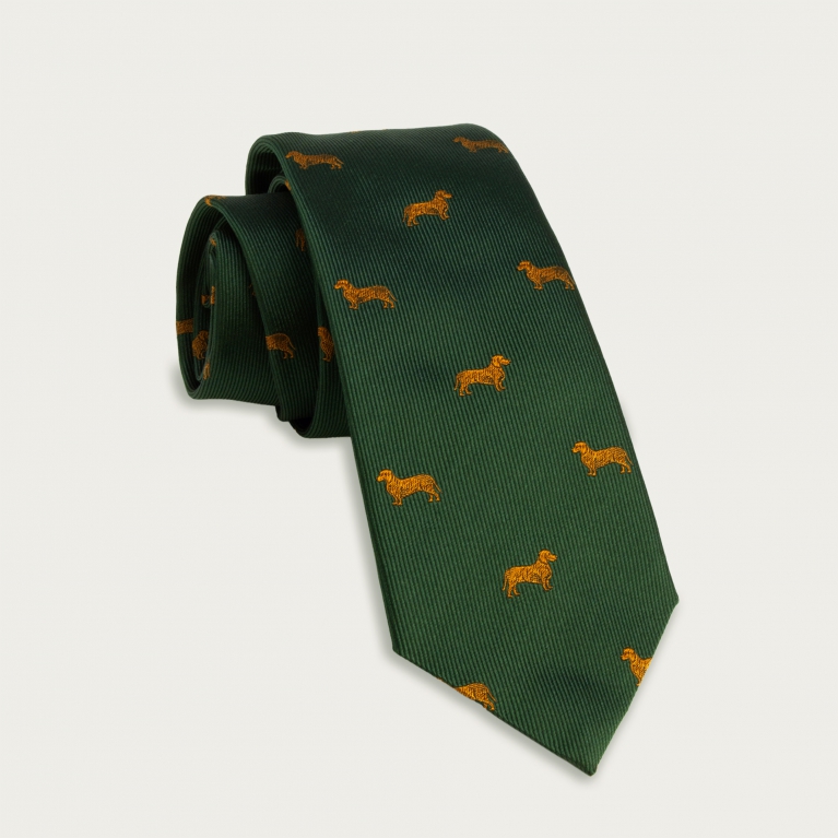 Jacquard silk tie, green dachshunds pattern