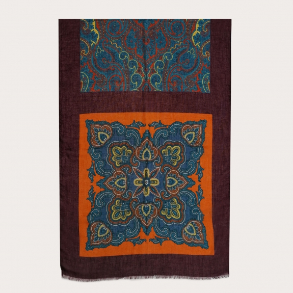 Echarpe légère en laine vierge à motifs cachemire, bordeaux, orange et bleu clair