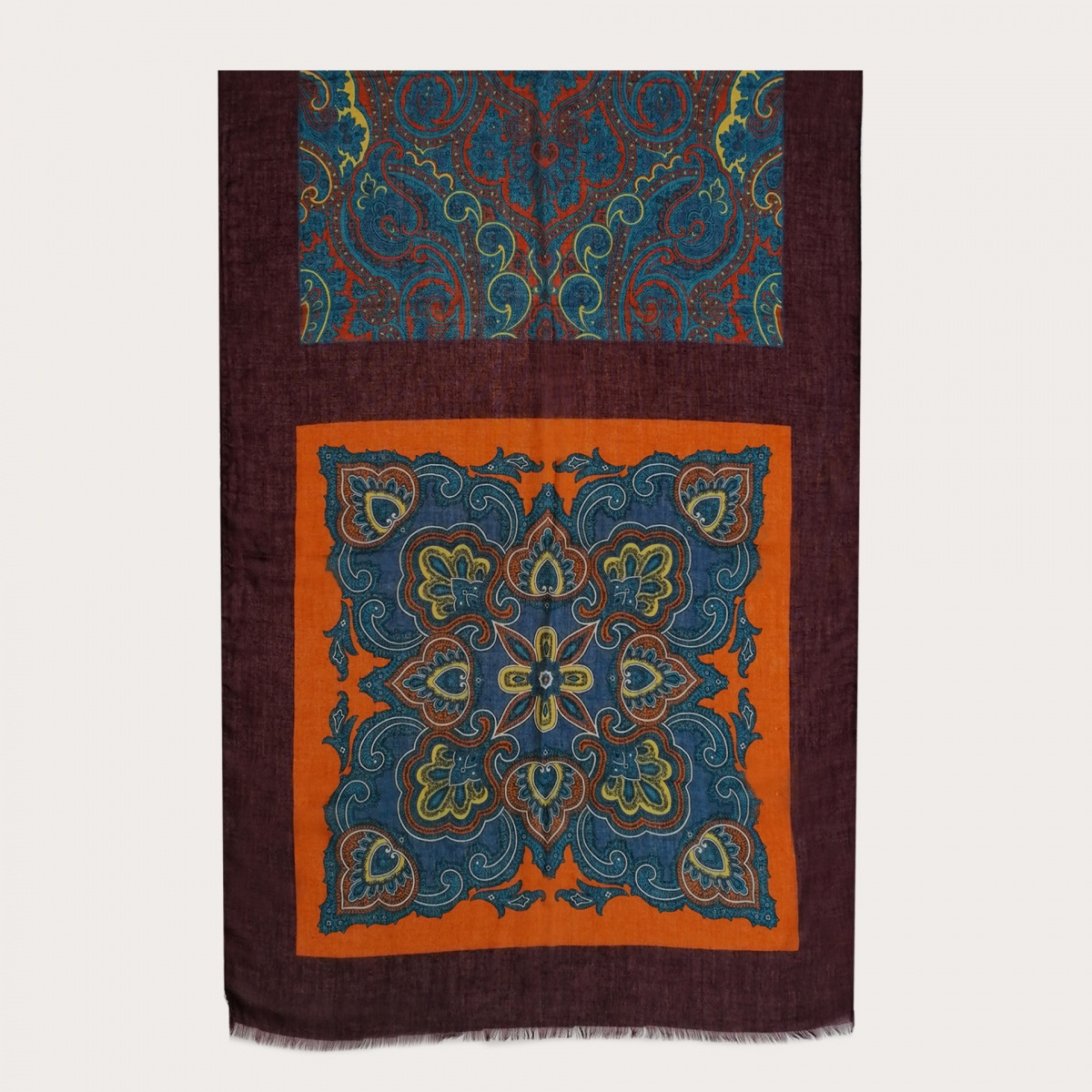 Light virgin wool scarf with paisley patterns, burgundy, orange and light blue