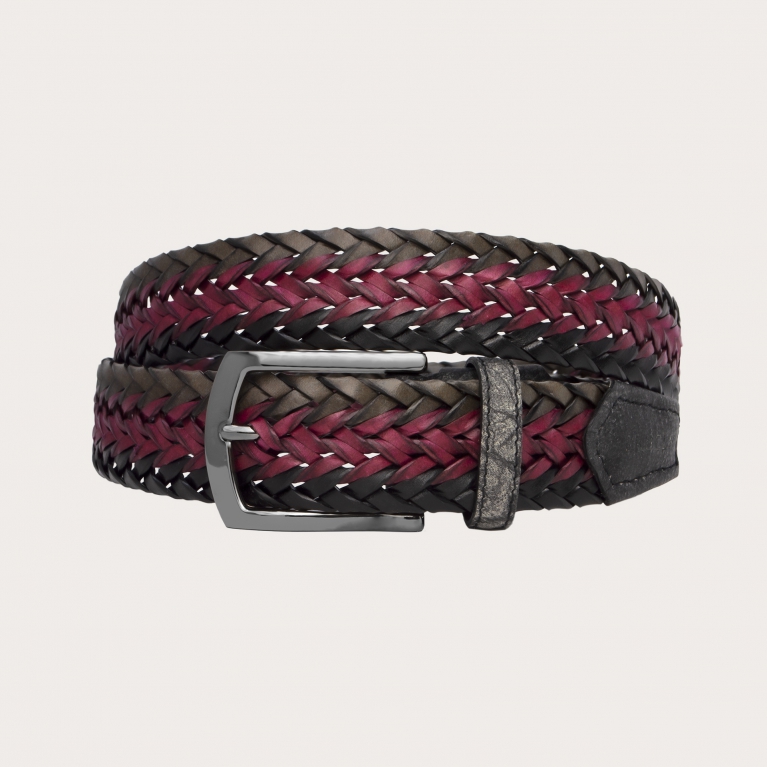 Woven belt in bonded leather, wine, gray and black