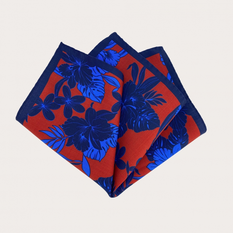 Pañuelo de bolsillo en seda patrón floral azul y rojo