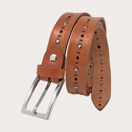 Thin leather belt with loop, buckle and tip in metal, dark brown