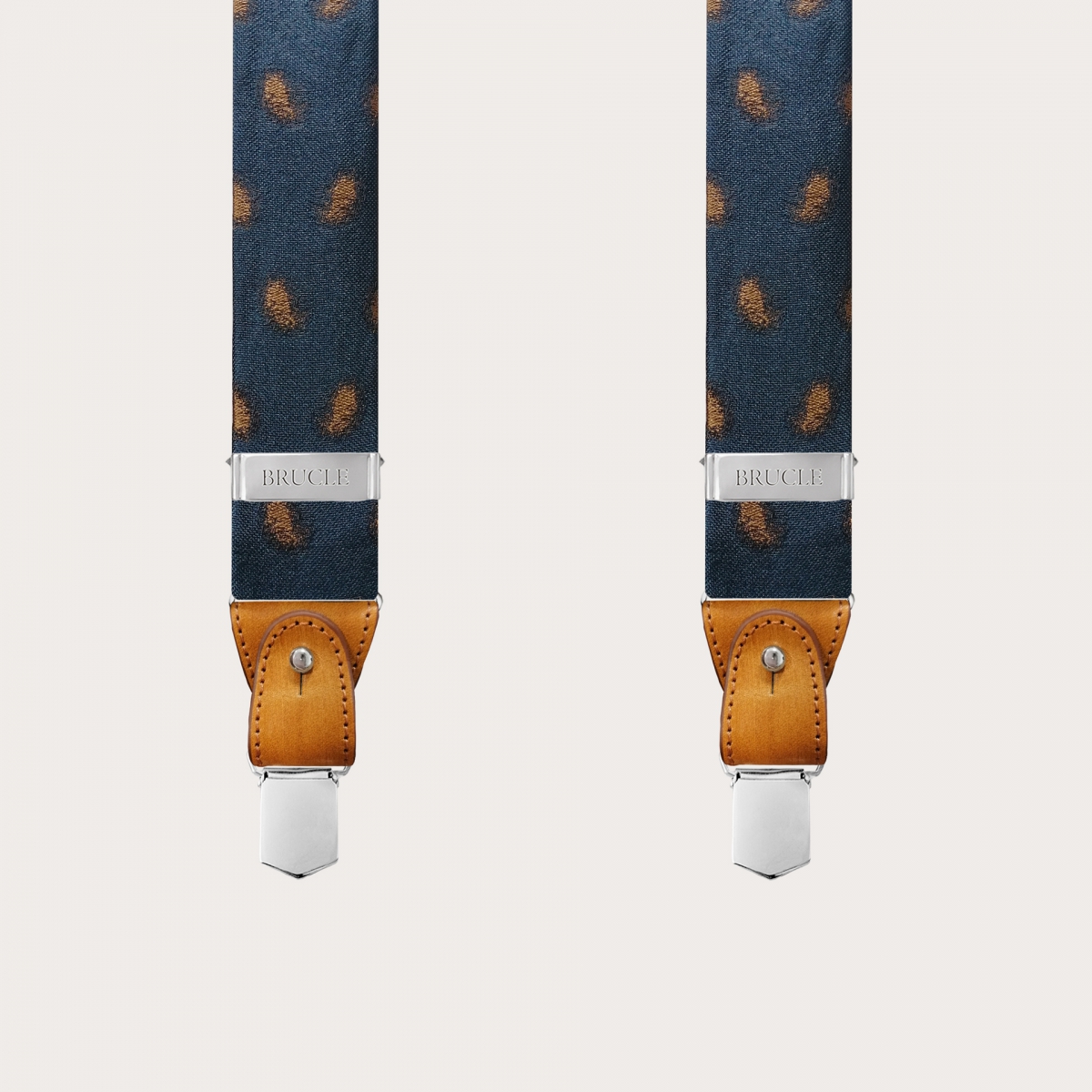 Formal Y-shape silk tubular suspenders, blue with faded paisley pattern