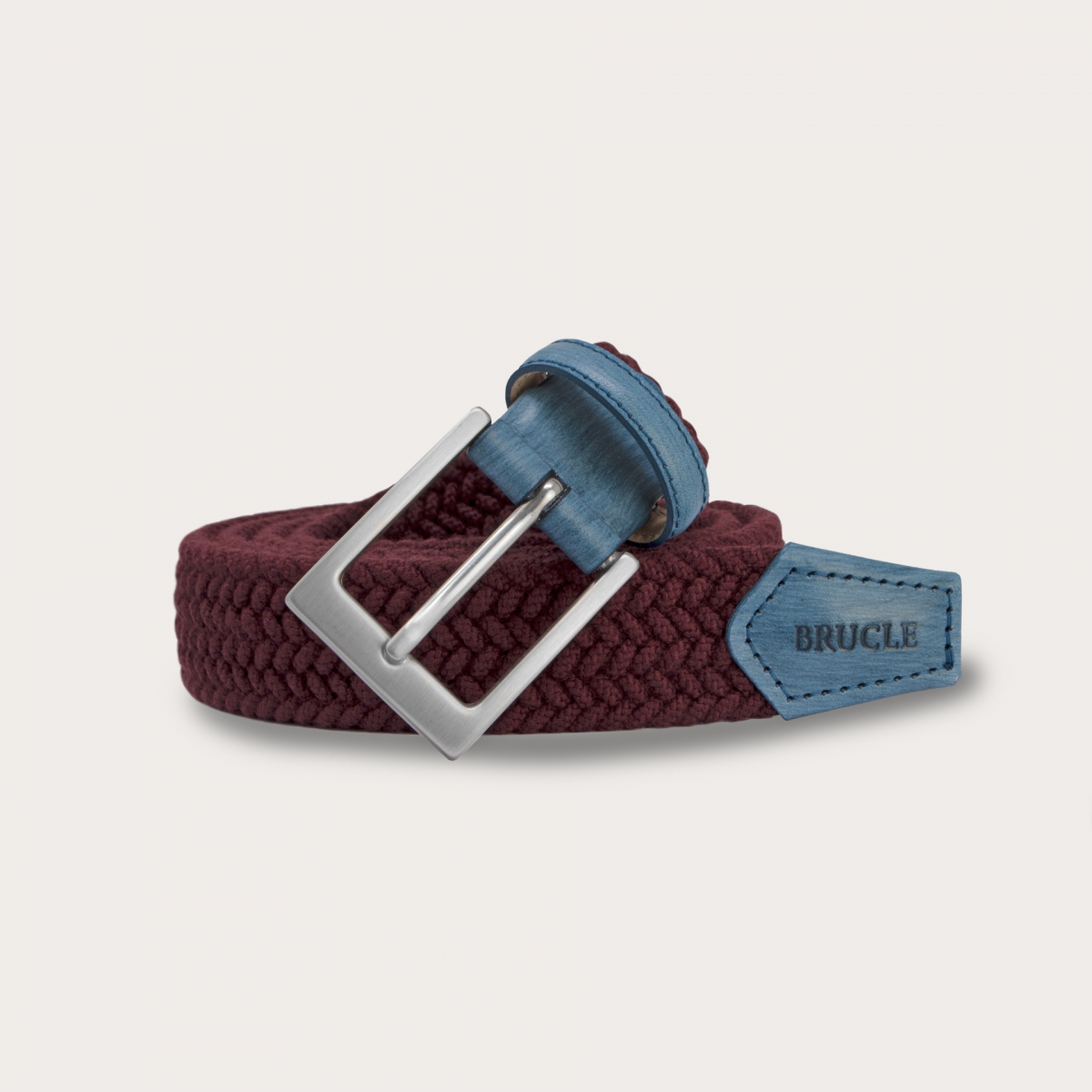Braided elastic belt in burgundy wool with light blue leather