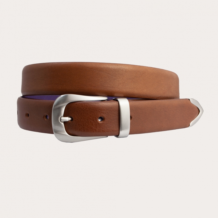 Ceinture fine en cuir brut avec passant, boucle et embout en métal, marron cognac