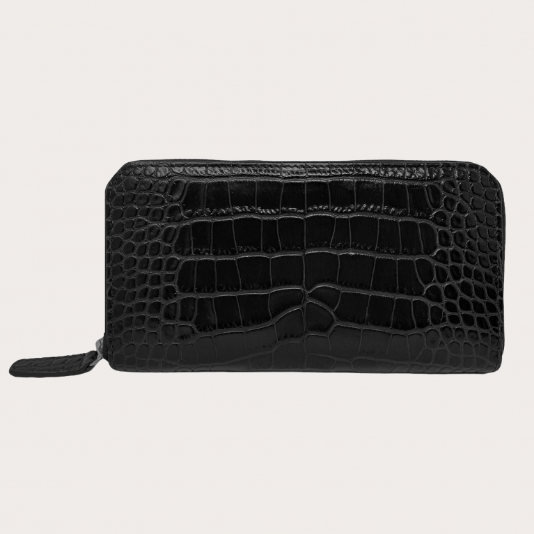 Portefeuille femme raffiné imprimé crocodile noir avec zip