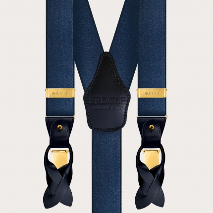 Formal Y-shape elastic suspenders, satin blue and gold