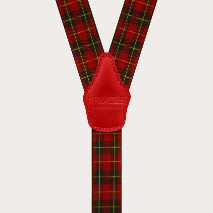 Y-shape elastic suspenders with golden clips, red tartan