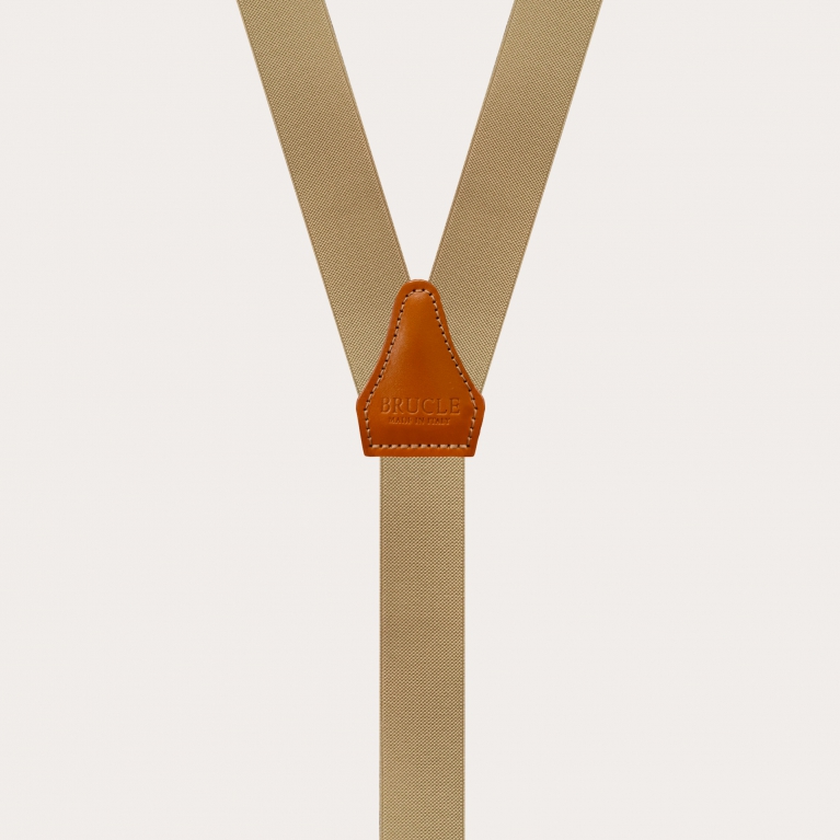 Skinny Y-shape elastic suspenders with clips, beige