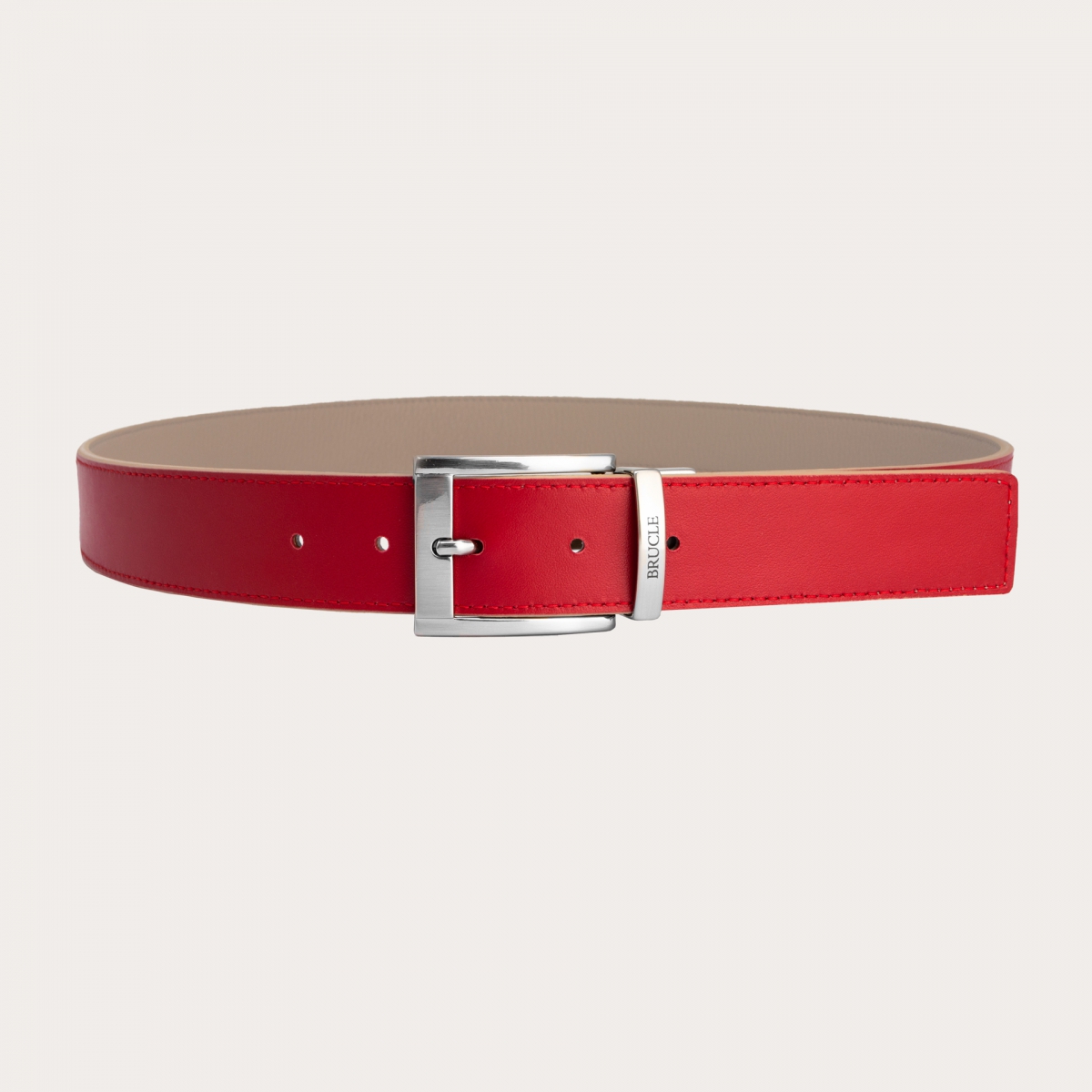 Reversible leather belt dove gray and red square tip