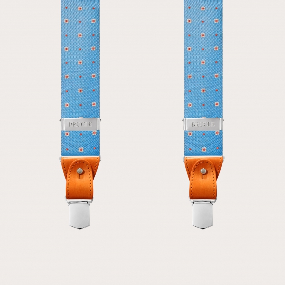 BRUCLE Formal Y-shape pure silk suspenders, light blue with flowers