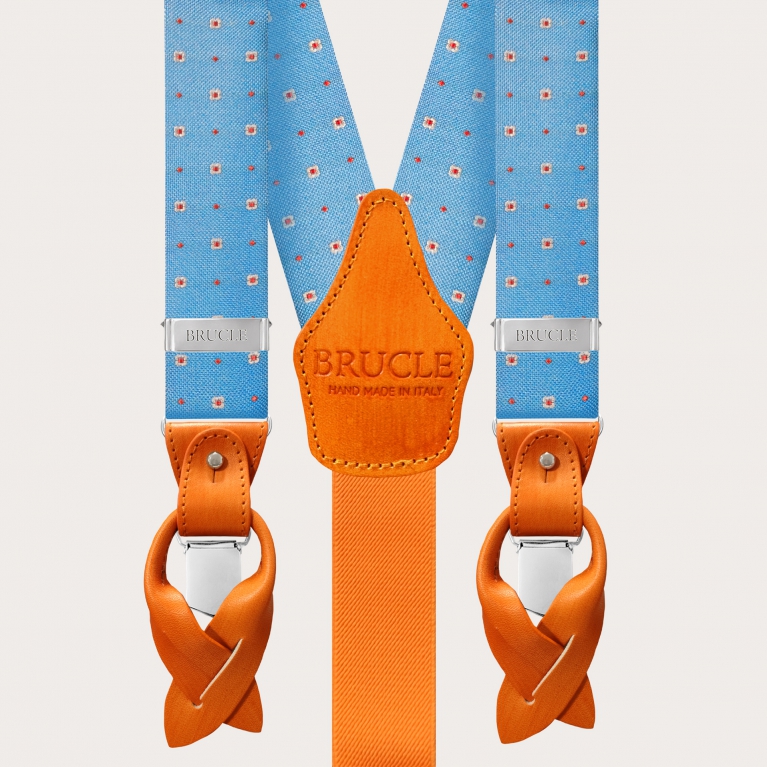 Formal Y-shape pure silk suspenders, light blue with flowers