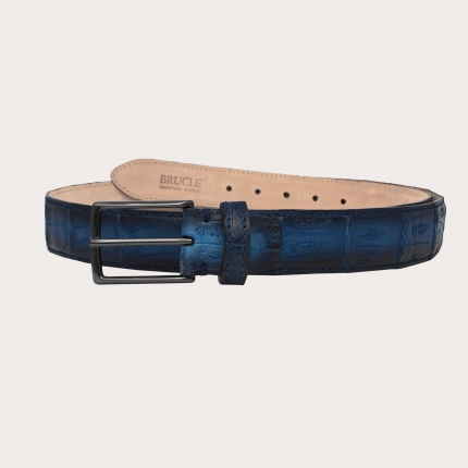 Trendy belt in nickel free crocodile leather with patina, shaded blue