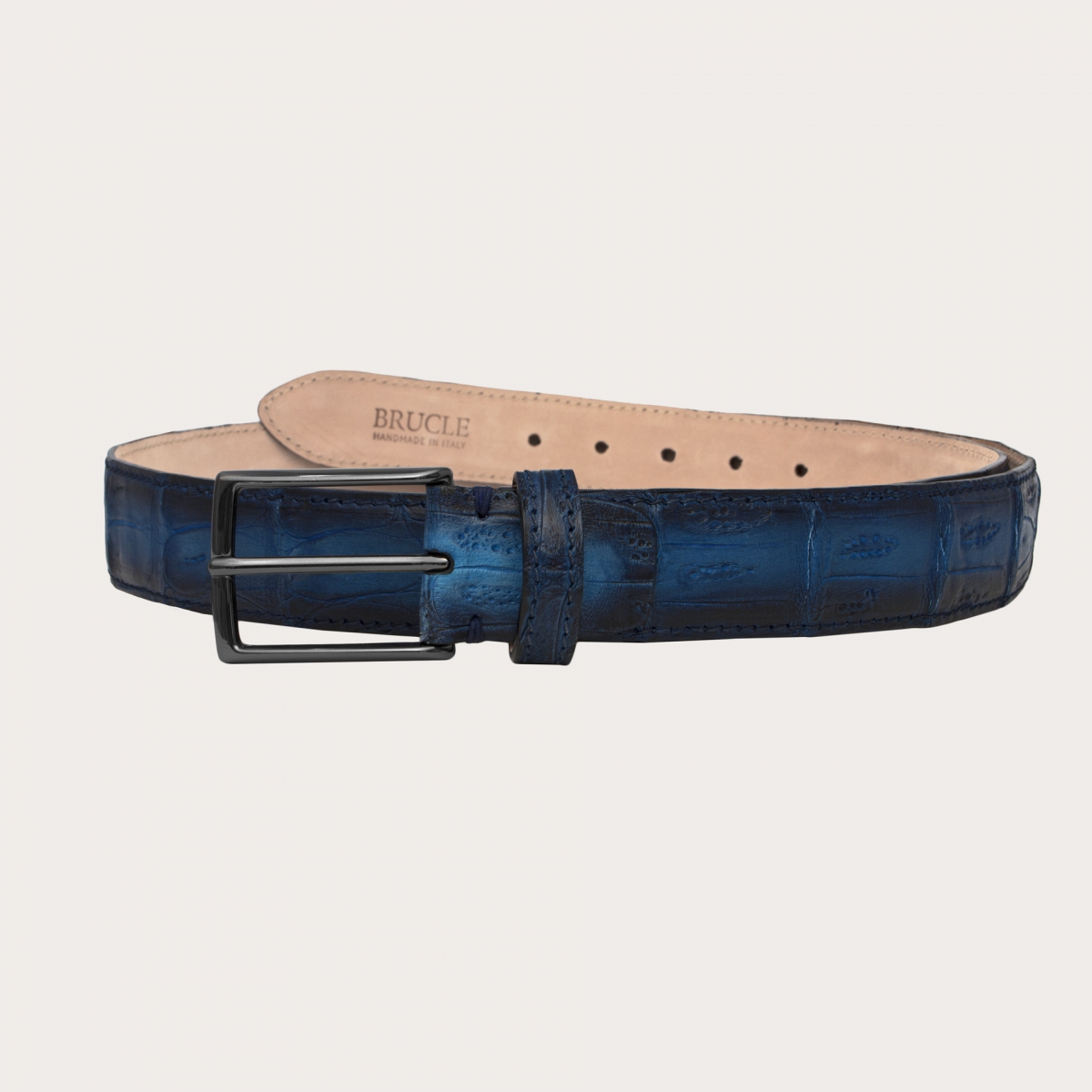 BRUCLE Trendy belt in nickel free crocodile leather with patina, shaded blue