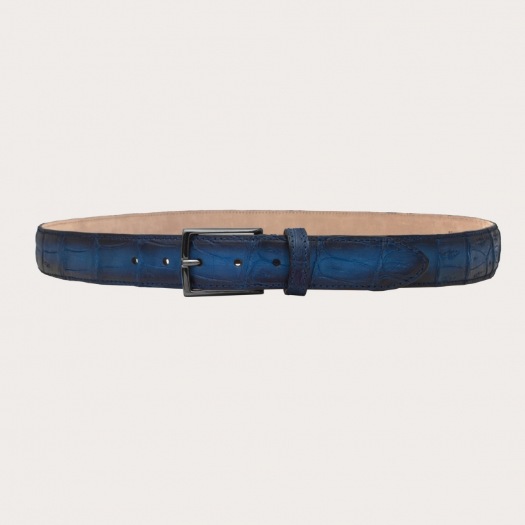 Ceinture tendance en cuir de crocodile sans nickel patiné, bleu dégradé