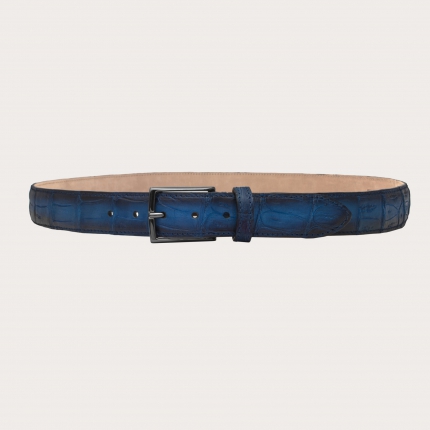 Trendy belt in nickel free crocodile leather with patina, shaded blue