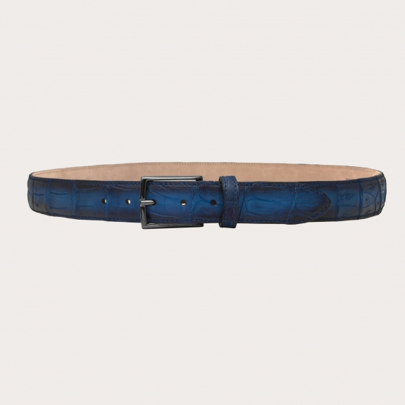 BRUCLE Trendy belt in nickel free crocodile leather with patina, shaded blue