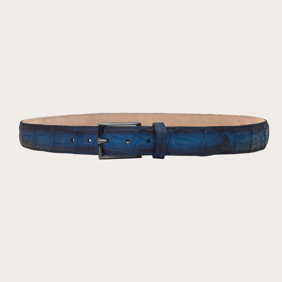 BRUCLE Trendy belt in nickel free crocodile leather with patina, shaded blue