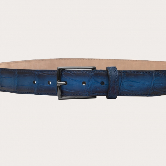 BRUCLE Trendy belt in nickel free crocodile leather with patina, shaded blue