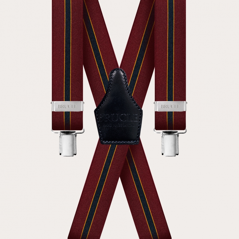 X-shape elastic suspenders with clips, burgundy regimental