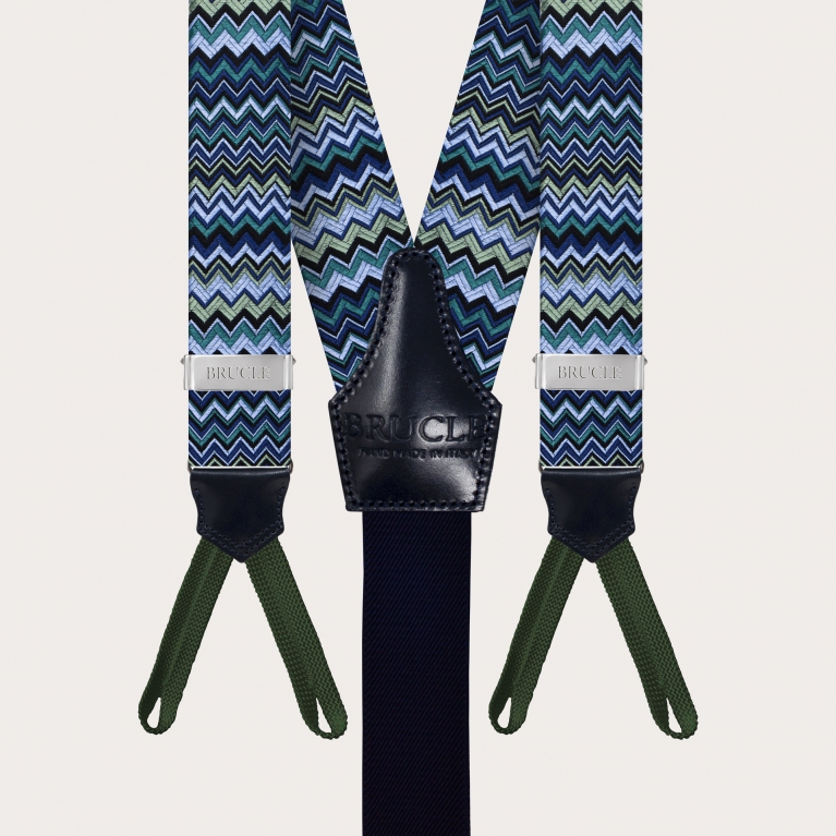 Formal Y-shape suspenders with braid runners, blue with wave pattern