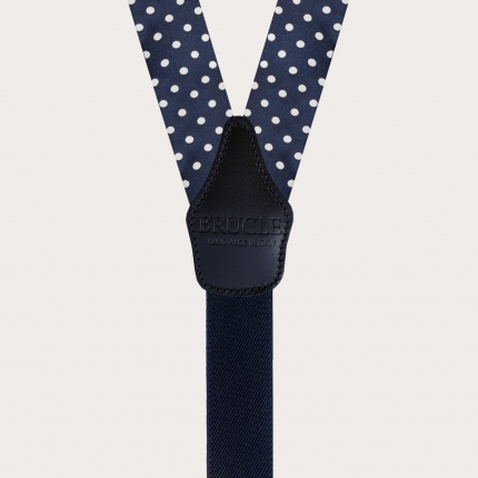 Formal Y-shape silk tubular suspenders, blue with white polka dots