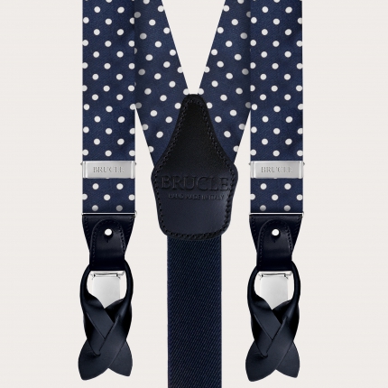 Formal Y-shape silk tubular suspenders, blue with white polka dots