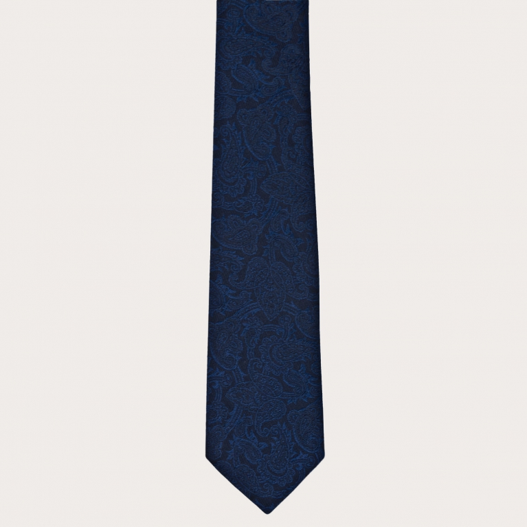 Cravate en soie jacquard, paisley bleu ton sur ton