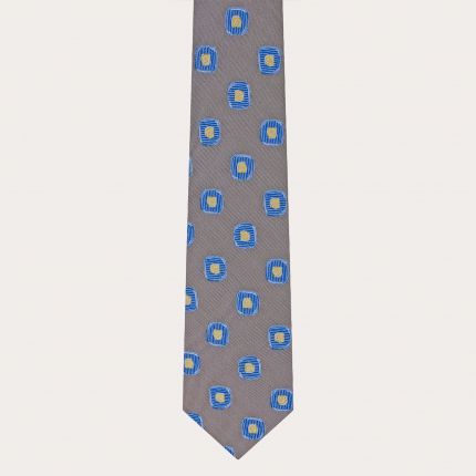 Men's tie in jacquard silk, blue with red geometric pattern
