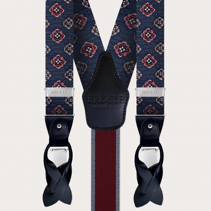 Blue floral and geometric patterned silk and cotton suspenders