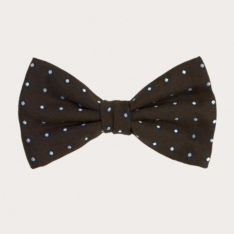 Coordinated suspenders and bowtie in silk, brown with white polka dots