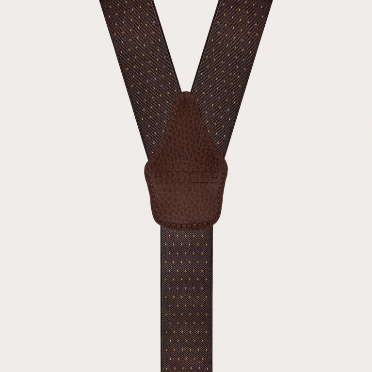 Y-shape elastic suspenders with golden clips, dotted dark brown and gold