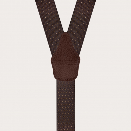 Y-shape elastic suspenders with golden clips, dotted dark brown and gold