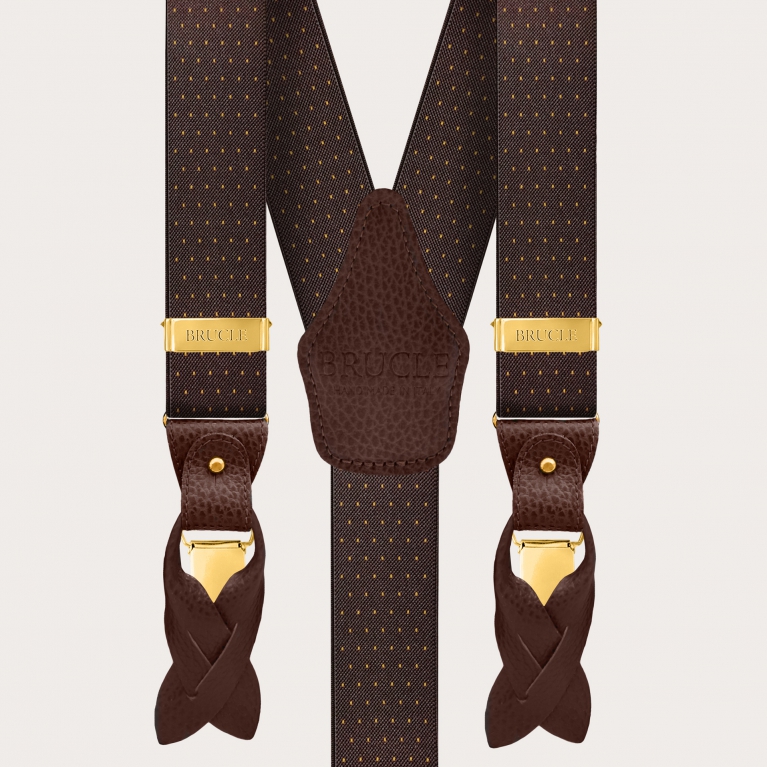 Y-shape elastic suspenders with golden clips, dotted dark brown and gold