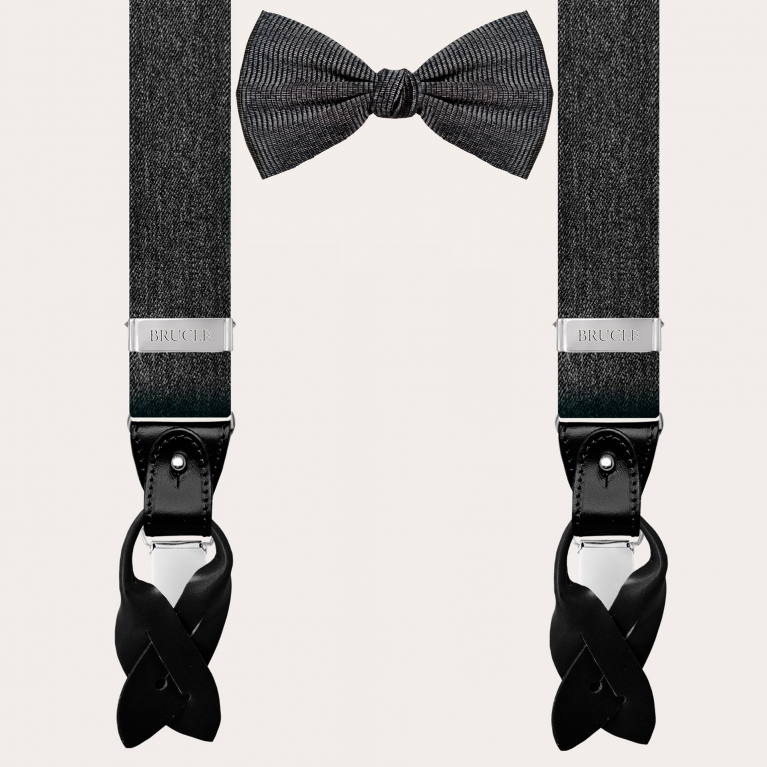 Melange set of elastic suspenders and bow tie, black and silver