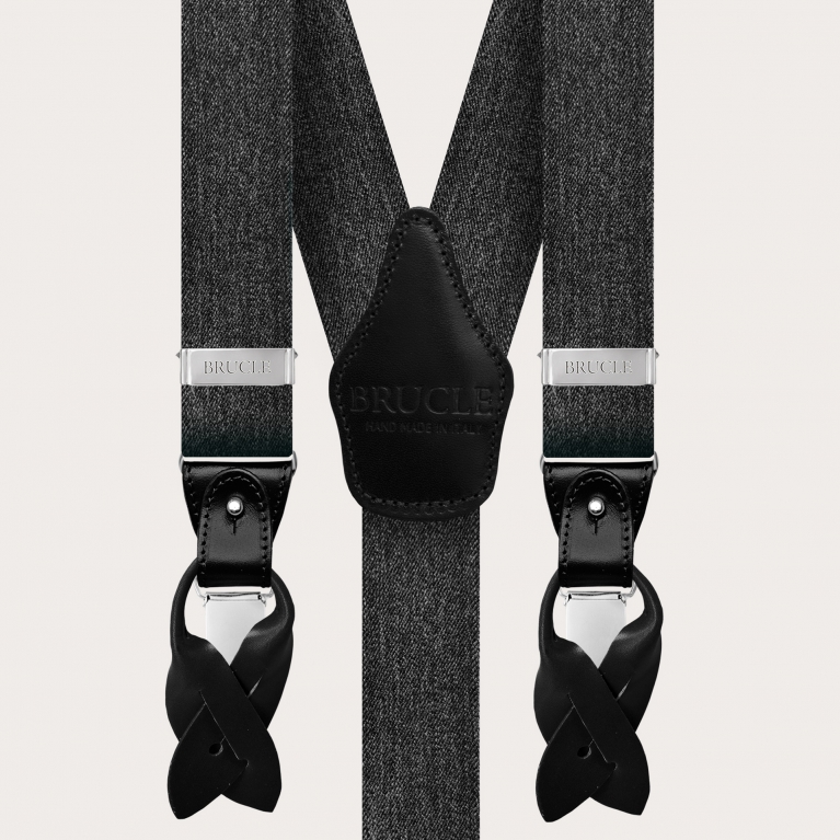 Melange set of elastic suspenders and bow tie, black and silver