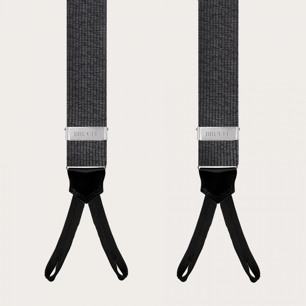 Elegante schwarze und silbermelierte Seiden-Hosenträger Knopflöchern mit