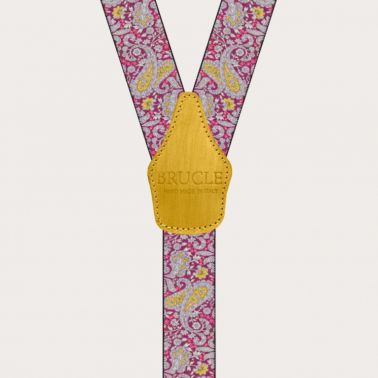 Tirantes con clips en estampado paisley magenta y amarillo