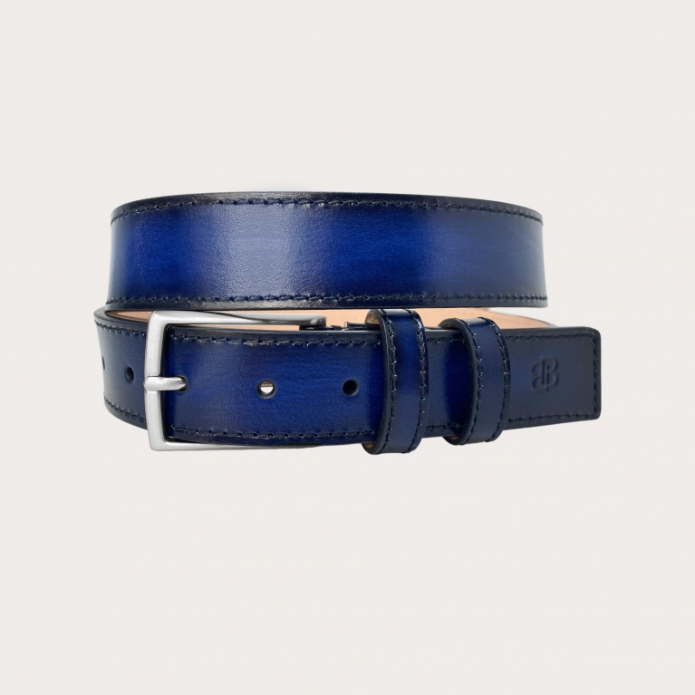 Ceinture bleu et noire en cuir tamponné à la main, sans nickel