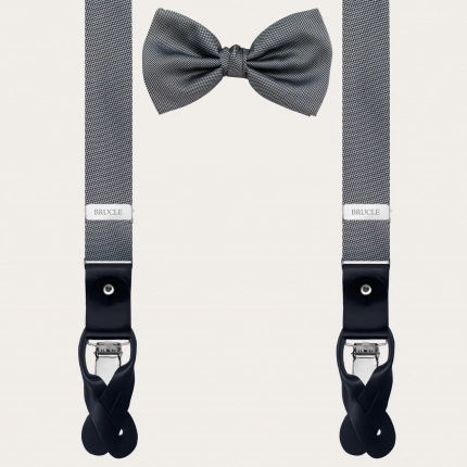 Coordinated set of thin suspenders and bow tie in elegant grey dotted silk