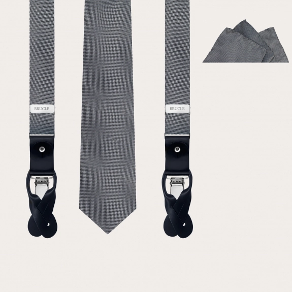 BRUCLE Complete set of thin suspenders, necktie and pocket square, dotted grey silk