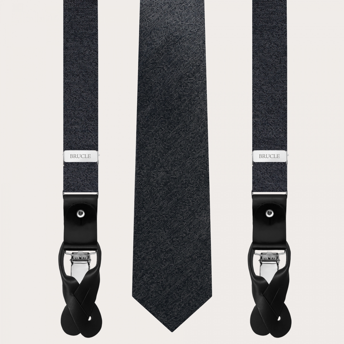 BRUCLE Thin suspenders and necktie in grey melange silk