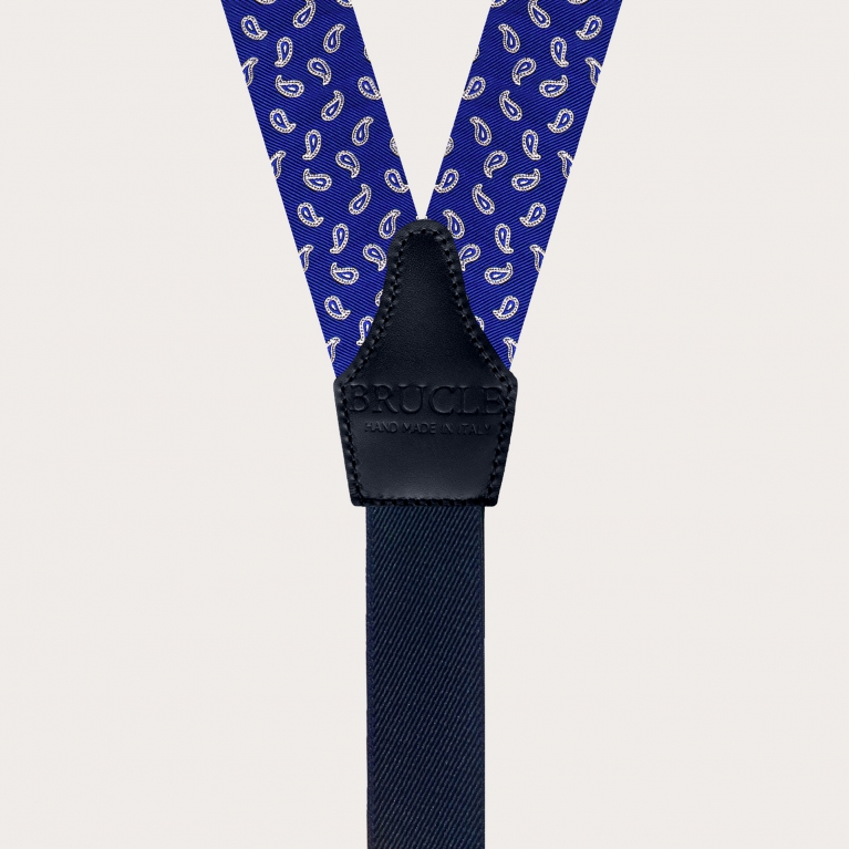 Elegantes tirantes de seda con ojales, estampado paisley azul royal