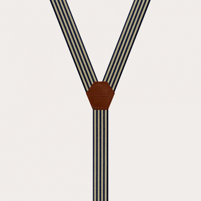 Unisex Y-shaped suspenders for children and teenagers with striped blue and yellow pattern