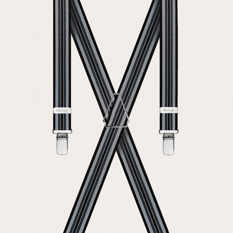 Thin X-shaped suspenders for children and teenagers, black and grey stripes