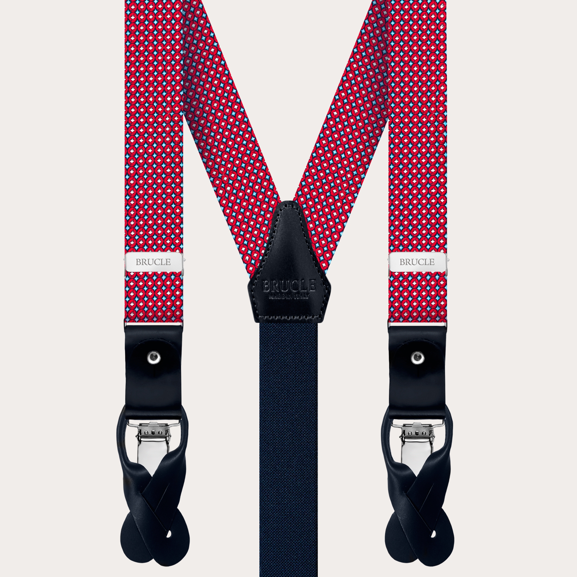 Thin Jacquard Silk Suspenders, Red and Blue Geometric Pattern