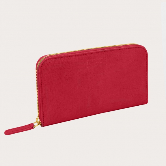 Elegant women's wallet in saffiano print with gold zip, ruby red