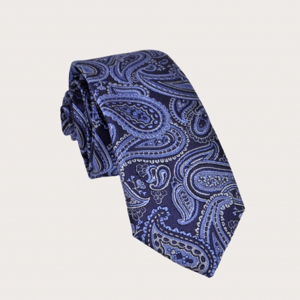 Cravate étroite paisley bleue en soie jacquard