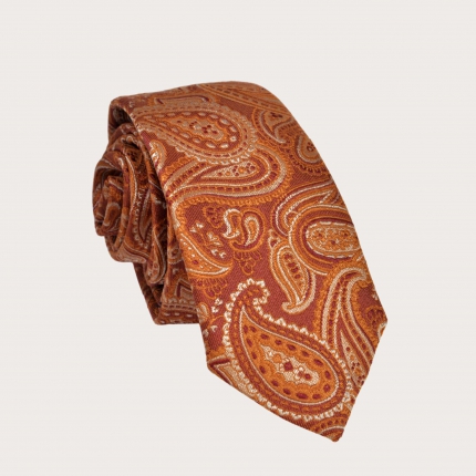 Orange paisley narrow jacquard silk necktie